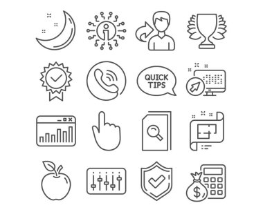 Arama dosyaları, mimari plan ve finans hesap makinesi simgeler kümesi. Hızlı Başlangıç Kılavuzu, Dj kumanda cihazı ve kazanan işaretler. İstatistikleri pazarlama, sertifika ve el Simgeler'i tıklatın. Arama vektör