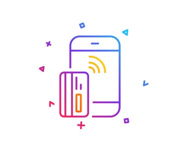 Temassız ödeme kartı satırı simgesi. Telefon para işareti. Mobil aygıt simgesi. Degrade çizgi düğmesini. Temassız ödeme simgesi tasarım. Renkli geometrik şekiller. Vektör
