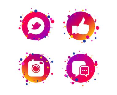 Yenilikçi fotoğraf kamera simgesi. Hangi tarihlerde ve konuşma balonu işareti sohbet. Kuş sembolü. Degrade daire düğmeleri ile kutsal kişilerin resmi. Rastgele noktalar teması. Vektör