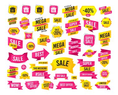 Satış afiş. Süper mega indirimler. Satılık hediye kutusu etiketi simgeler. Özel Fırsat sembolleri indirim. % 50, % 60, % 70 ve %80 oranında satış işaretler. 