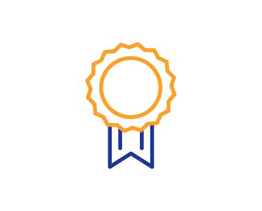 Ödül madalya satırı simgesi. Galibi başarı sembolü. Zafer ya da hakim işareti. Renkli anahat kavramı. Mavi ve turuncu ince çizgi renk simgesi. Ödül vektör