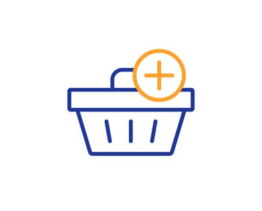 Alışveriş sepeti satırı simgesi için ekleyin. Online satın alma işareti. Süpermarket sepet simgesi. Renkli anahat kavramı. Mavi ve turuncu ince çizgi renk simgesi. Eklemek vektör satın