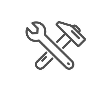 Çekiç ve anahtar satırı simgesi. Hizmet işaret onarın. Araçlar simgesi düzelt. Kalite tasarım düz app öğesi. Düzenlenebilir kontur Spanner aracı simgesini. Vektör