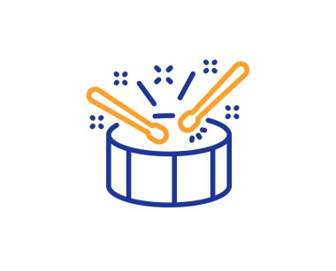 Sopaları satırı simgesi ile davul. Müzik işareti. Müzik aleti sembolü. Renkli anahat kavramı. Mavi ve turuncu ince çizgi renk simgesi. Davul vektör