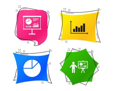 Diyagram grafik pasta grafiği simgesi. Sunu billboard sembolü. Arz ve talep. İşaretçi ile ayakta adam. Geometrik renkli Etiketler. Afiş ile düz kutsal kişilerin resmi. Modaya uygun bir tasarım. Vektör