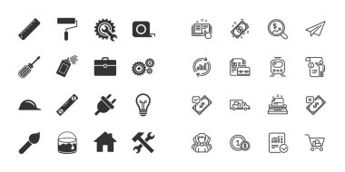 Set İnşaat araçları, mühendislik ve onarım simgeler. Elektrik fiş, kask ve tornavida işaretler. Lamba, çekiç ve boya simgeler. Kağıt Uçak, rapor ve alışveriş sepeti simgeleri. Mühendislik vektör