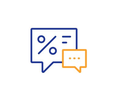 Alışveriş konuşma balonu satırı simgesi. Özel Fırsat sohbet işareti. Satış iskontoları sembolü ile. Renkli anahat kavramı. Mavi ve turuncu ince çizgi renk simgesi. İndirimler vektör