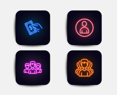 Neon ekip çalışması, Avatar ve ödeme para simgeler kümesi. Grup işareti. Kullanıcılar, Kullanıcı profili, tutun nakit grubu. Danışmanlığı hizmeti. Neon simgeler. Parlayan ışık afiş. Vektör