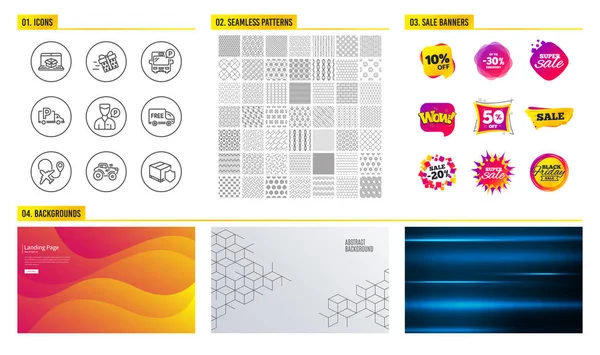 Jednolity Wzór Zakupy Sprzedaż Banerów Zestaw Bus Parking Bezpłatna Dostawa — Wektor stockowy