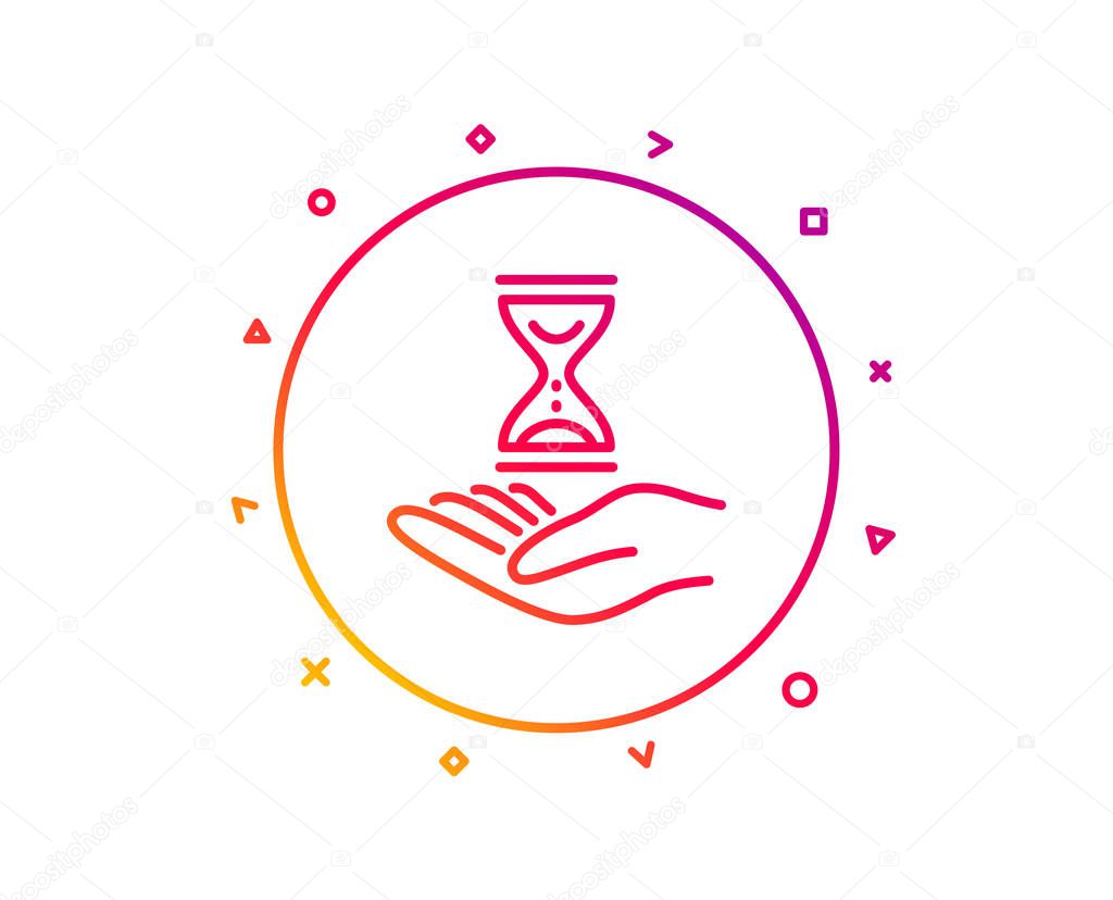 Time hourglass in hand line icon. Sand watch sign. Gradient pattern line button. Time hourglass icon design. Geometric shapes. Vector