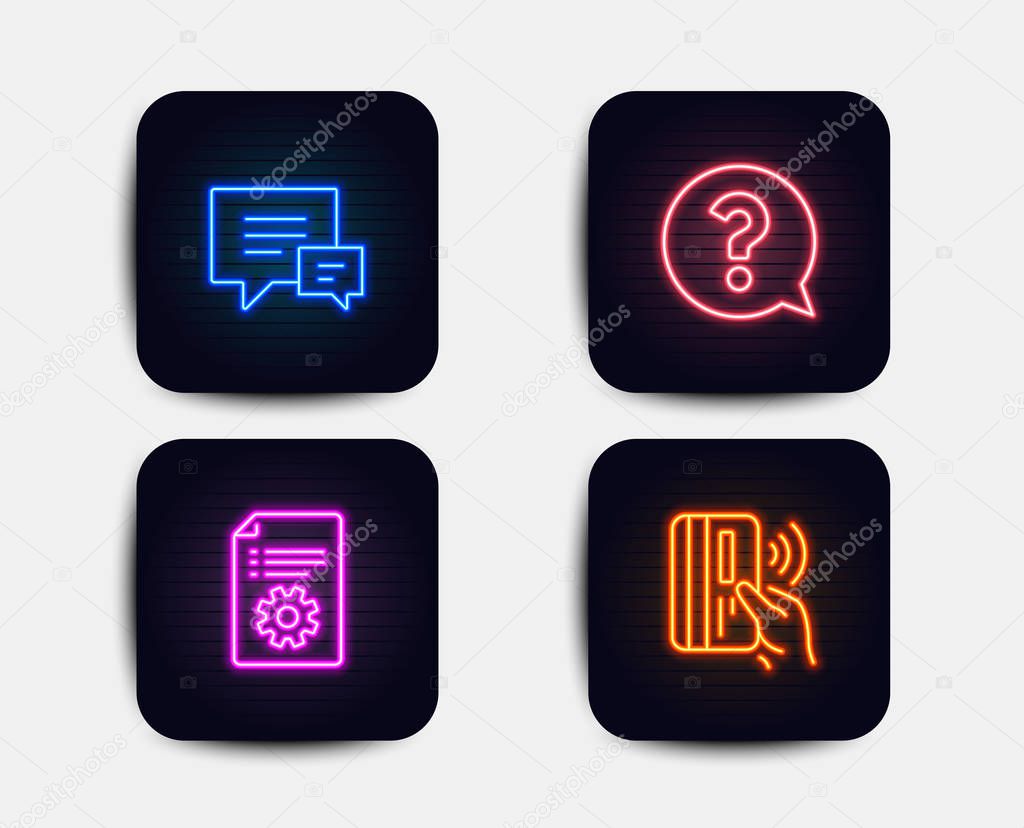 Neon set of Comment, Technical documentation and Question mark icons. Contactless payment sign. Talk bubbles, Manual, Help support. Bank money. Neon question icons. Glowing light banners. Vector