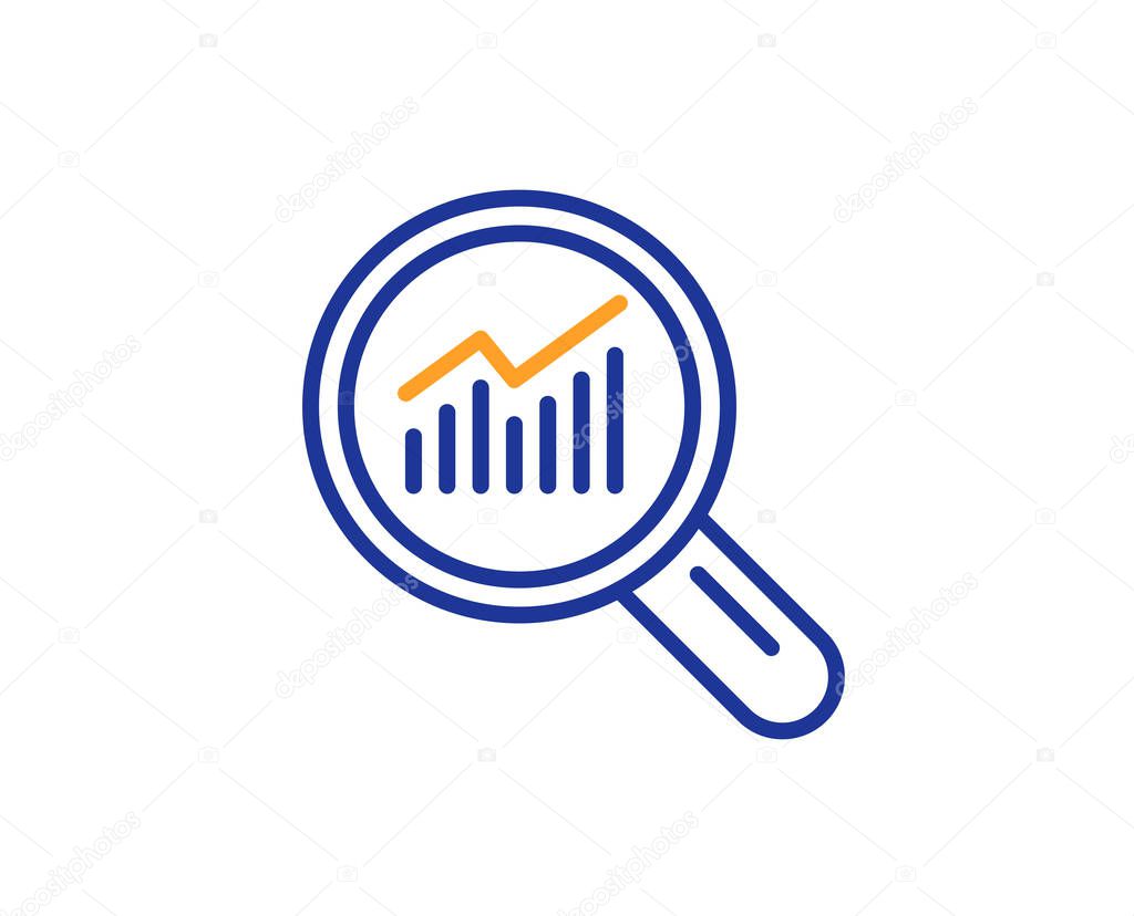 Chart line icon. Report graph or Sales growth sign in Magnifying glass. Analysis and Statistics data symbol. Colorful outline concept. Blue and orange thin line color icon. Data analysis Vector