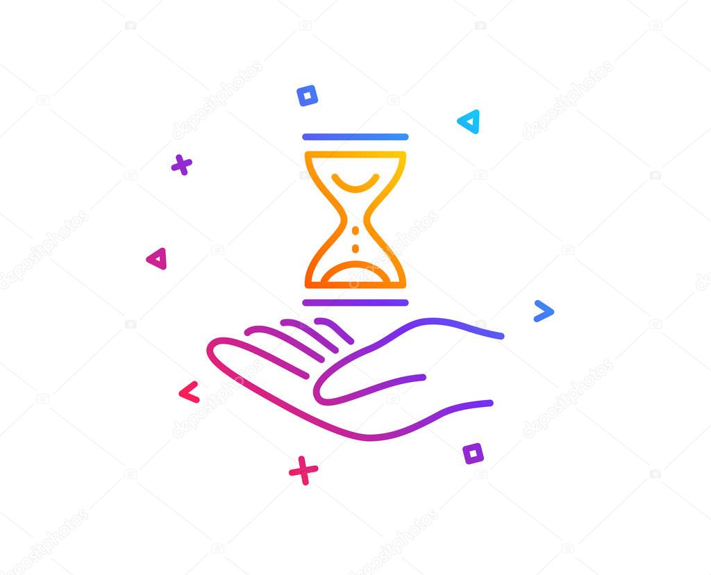 Time hourglass in hand line icon. Sand watch sign. Gradient line button. Time hourglass icon design. Colorful geometric shapes. Vector