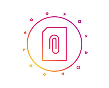 Belge satırı simgesi ekleyin. Bilgi dosya işareti. Kağıt sayfası kavramı sembol. Veri karşı yüklemesi. Degrade desen çizgi düğmesini. Ek simgesi tasarım. Geometrik şekiller. Vektör