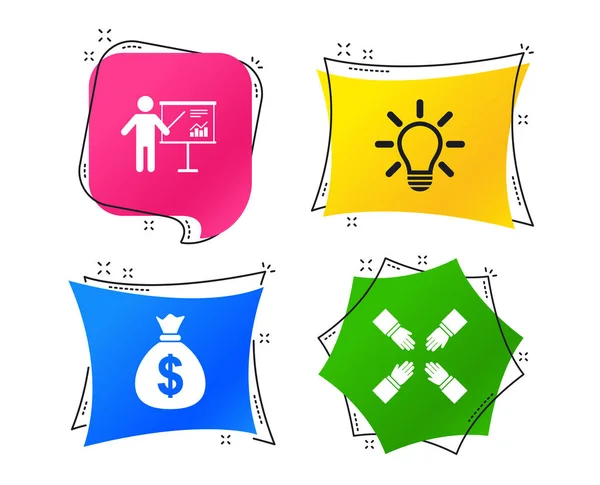 Παρουσίαση Billboard Εικονίδιο Μετρητών Χρημάτων Και Λάμπα Ιδέα Σύμβολα Του — Διανυσματικό Αρχείο