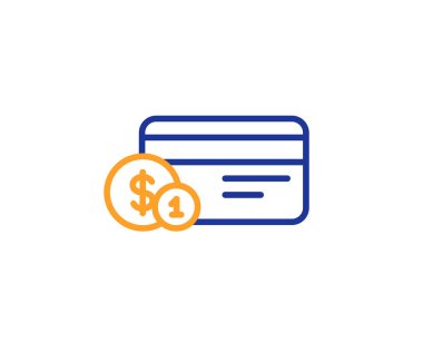 Kredi kartı satırı simgesi. Ödeme kartı paralar işareti ile bankacılık. ATM hizmet sembolü. Renkli anahat kavramı. Mavi ve turuncu ince çizgi renk simgesi. Ödeme yöntemi vektör