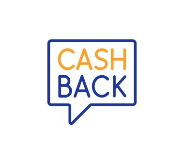 Cashback hizmet satırı simgesi. Para transferi işareti. Konuşma balonu sembolü. Renkli anahat kavramı. Mavi ve turuncu ince çizgi renk simgesi. Para transferi vektör