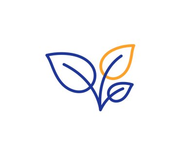 Yaprakları simgesi satır. Bitki yaprağı işareti büyümek. Çevre bakım sembolü. Renkli anahat kavramı. Mavi ve turuncu çizgi renk yaprakları simgesi ince. Vektör