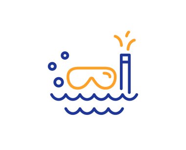 Seyahat tüplü dalış satırı simgesi. Yolculuk yüzme işareti. Tatil sembolü. Renkli anahat kavramı. Mavi ve turuncu ince çizgi renk tüplü dalış simgesi. Vektör