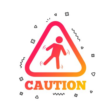 Uyarı ıslak zemin işareti simgesi. İnsan düşen üçgen simgesi. Renkli geometrik şekiller. Degrade kaygan simgesi tasarım. Vektör