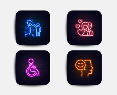 Neon glow ışıkları. Yaratıcı fikir, dizi çift ve devre dışı simgeler. İyi bir ruh hali işareti. Başlangıç, Sevgililer günü, engellilere tekerlekli sandalye. Pozitif düşünme. Neon simgeler. Parlayan ışık afiş. Vektör