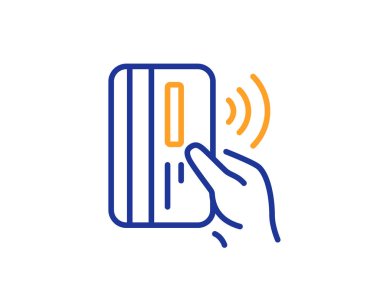 Temassız ödeme kartı satırı simgesi. Para işareti. Renkli anahat kavramı. Mavi ve turuncu ince çizgi renk simgesi. Temassız ödeme vektör