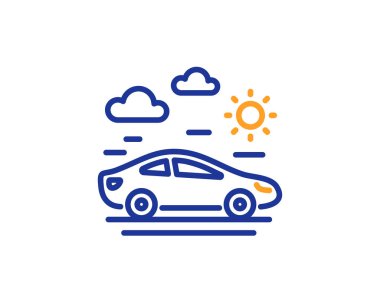 Araba seyahat satırı simgesi. Gezi taşıma işareti. Tatil araç sembolü. Renkli anahat kavramı. Mavi ve turuncu ince çizgi renk araba seyahat simgesi. Vektör