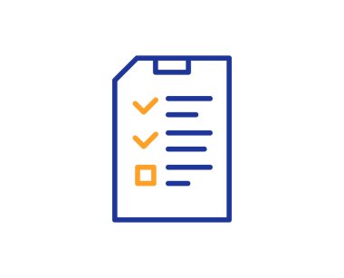 Denetim listesi belge satırı simgesi. Bilgi dosya işareti. Kağıt sayfası kavramı sembol. Renkli anahat kavramı. Mavi ve turuncu ince çizgi renk simgesi. Röportaj vektör