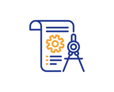 Bölücü belge satırı simgesi. Karikatür aracı işareti mühendislik. COG dişli sembolü. Renkli anahat kavramı. Mavi ve turuncu ince çizgi renk bölücü belge simgesi. Vektör