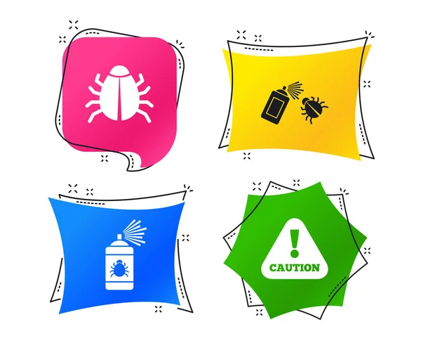 Fehlerdesinfektionssymbole Vorsicht Aufmerksamkeitssymbol Insektenbefall Sprühschild Geometrische Bunte Tags Banner Mit — Stockvektor