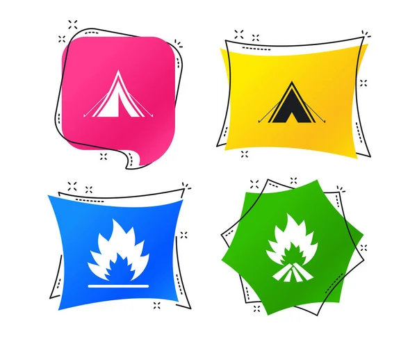 旅游野营帐篷图标 火焰标志符号 几何彩色标签 带有平面图标的横幅 时尚的设计 — 图库矢量图片