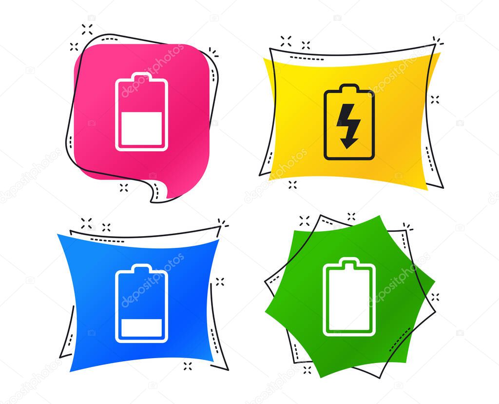 Battery charging icons. Electricity signs symbols. Charge levels: full, half and low. Geometric colorful tags. Banners with flat icons. Trendy design. Vector