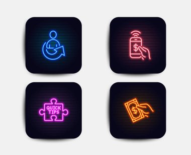 Neon paylaşım, telefon ödeme ve hızlı ipuçları simgeler kümesi. Para işareti ödemek. Başvuru kişi, mobil ödeme, Öğreticiler. Nakit tutun. Neon simgeler. Parlayan ışık afiş. Vektör