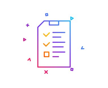 Denetim listesi belge satırı simgesi. Bilgi dosya işareti. Kağıt sayfası kavramı sembol. Degrade çizgi düğmesini. Simgesi tasarım röportaj. Renkli geometrik şekiller. Vektör