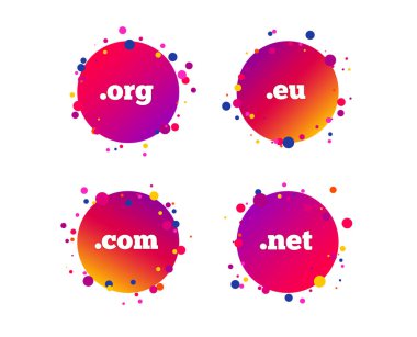 Üst düzey Internet etki alanı simgeler. Com, AB, Net ve Org sembolleri. Benzersiz Dns adları. Degrade daire düğmeleri ile kutsal kişilerin resmi. Rastgele noktalar teması. Vektör