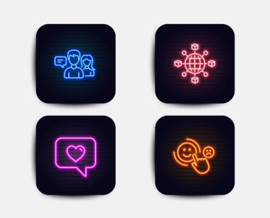 Neon glow ışıkları. Lojistik ağı, insanlar konuşurken ayarla ve ileti simgeleri seviyorum. Müşteri memnuniyeti işareti. Uluslararası izleme, iletişim Servisi, Dating hizmet. Mutlu bir gülümseme. Neon simgeler
