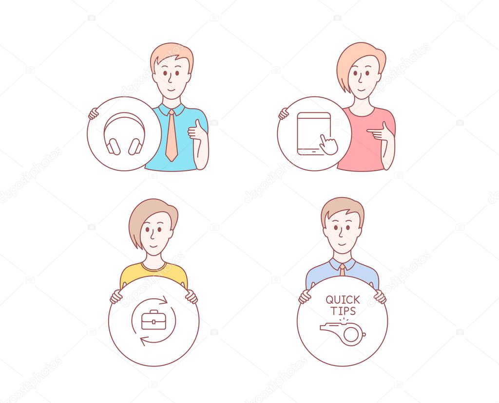 People hand drawn style. Set of Headphones, Human resources and Tablet pc icons. Tutorials sign. Music listening device, Job recruitment, Touchscreen gadget. Quick tips