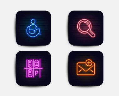 Neon glow ışıkları. Ayarla yer otopark araştırma ve paylaşmak simgeler. Yeni posta işareti. Taşıma, cam, başvuru kişi büyütme. E-posta ekleyin. Neon simgeler. Parlayan ışık afiş. Vektör