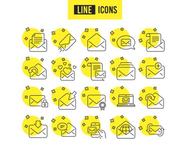 Posta hattı simgeler iletileri. Bülten, e-posta, yazışma doğrusal simgeler kümesi. Alınan posta, güvenli ileti ve Web mektup simgeler. Postane, e-posta gönderin ve özel iletişim işaretler. Vektör