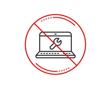 Hayır veya Dur işareti. Spanner aracı satırı simgesi. Laptop tamir servisi işareti. Araçlar simgesi düzelt. Uyarı yasağı dur sembolü yasaktır. Yok simgesi tasarım. Vektör