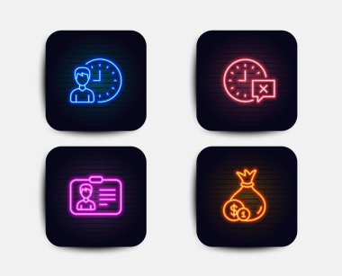 Neon kimlik kartı, çalışma saat ve saat simgeler kümesi. Nakit işareti. Kişi belge, proje son tarih, kaldır alarm. Bankacılık para birimi. Neon simgeler. Parlayan ışık afiş. Vektör