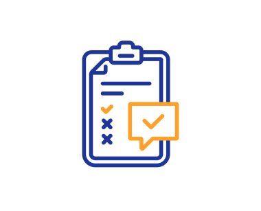 Denetim listesi satırı simgesi. Anket rapor işareti. İş bir daha gözden geçirme sembol. Renkli anahat kavramı. Mavi ve turuncu ince çizgi renk simgesi. Denetim listesi vektör