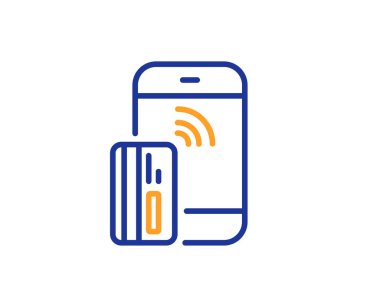 Temassız ödeme kartı satırı simgesi. Telefon para işareti. Mobil aygıt simgesi. Renkli anahat kavramı. Mavi ve turuncu ince çizgi renk simgesi. Temassız ödeme vektör