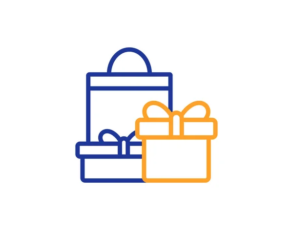 带有包线图标的礼品盒 演示或销售标志 生日购物符号 包装礼品包装 五颜六色的轮廓概念 蓝色和橙色细线颜色图标 购物媒介 — 图库矢量图片