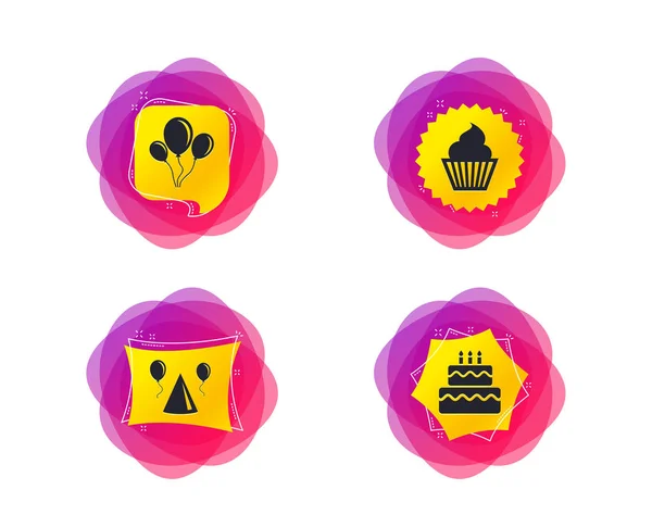Geburtstagsparty Kuchen Luftballon Hut Und Muffinschilder Feiersymbol Cupcake Sweet Food — Stockvektor