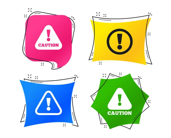 Atención Iconos Precaución Símbolos Advertencia Peligro Signo Exclamación Etiquetas Geométricas — Vector de stock