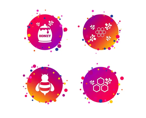 蜂蜜图标 蜂窝细胞与蜜蜂符号 甜美的天然食物标志 带有图标的渐变圆圈按钮 随机点设计 — 图库矢量图片