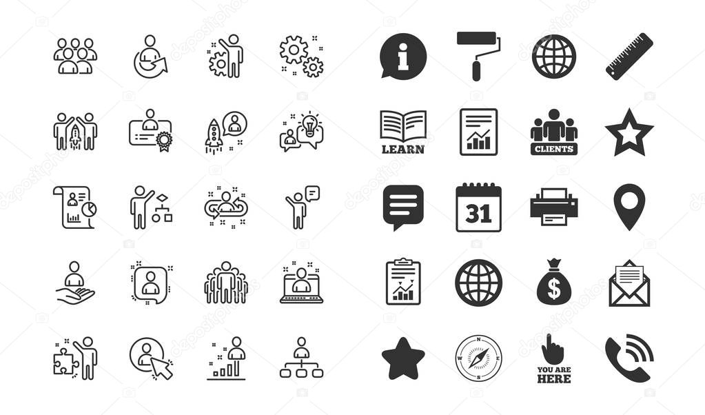 Management line icons. Set of Business audit, Startup strategy and Employees linear icons. 