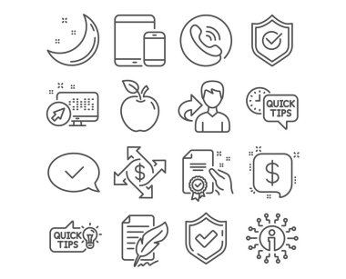 Eğitim fikir, onaylandı kalkan ve tüy imza simgeler kümesi. Onaylı mesaj, sertifika ve mobil cihazlar işaretler. Ödeme mesaj, hızlı ipuçları ve ödeme Döviz sembolleri. Vektör