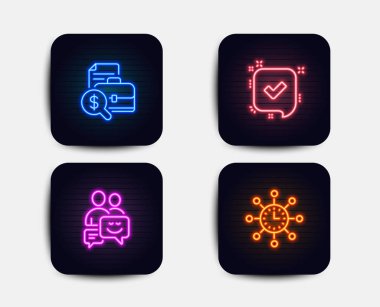 Neon glow ışıkları. Onaylı, iletişim ve muhasebe raporu simgeler kümesi. Dünya saat işareti. Kabul edilen ileti, iş mesajları, mali durum. Ölçüm cihazı. Neon simgeler. Vektör